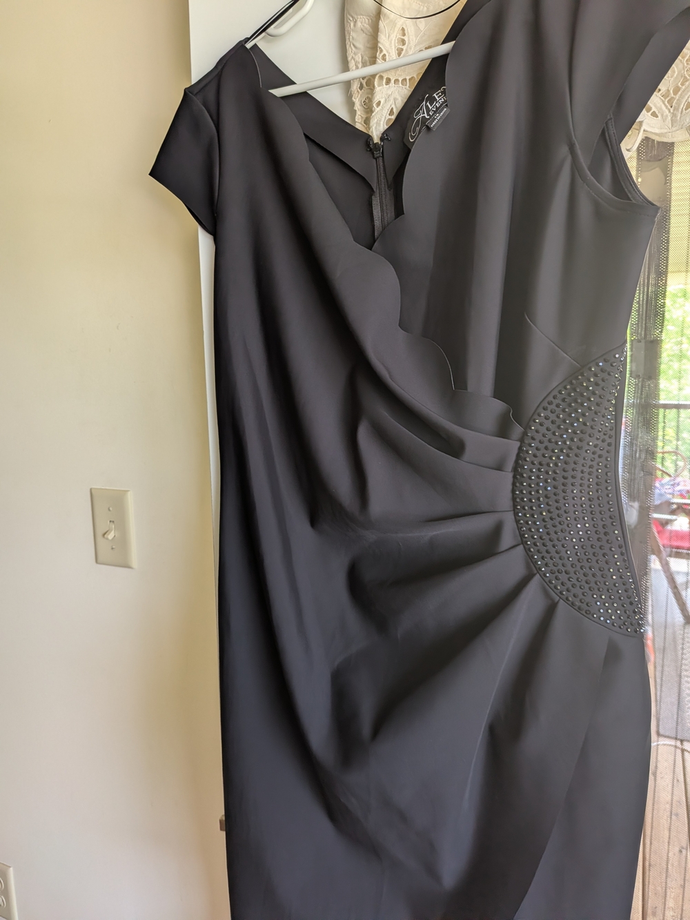 Alex Evenings Black Scalloped Sheath Midi Dress with Embellished Side Panel